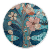 Crème Koper Blauw Teal Bloemmotief Keramische Knop (Voorkant)