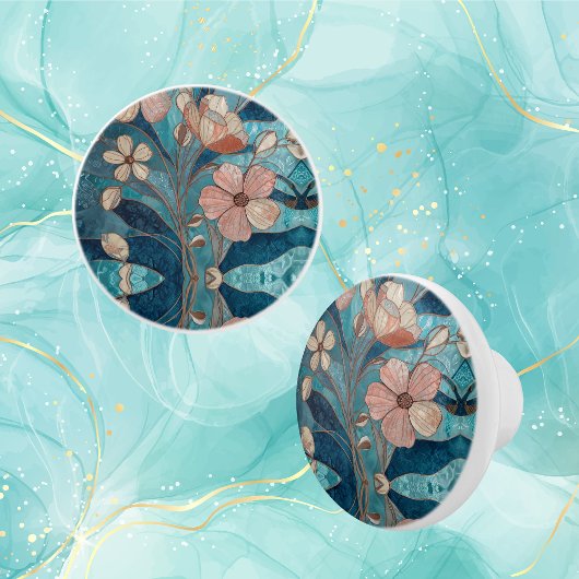 Crème Koper Blauw Teal Bloemmotief Keramische Knop