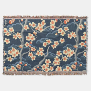 Crème Koraal Sakura Marineblauw Bloempatroon Deken