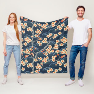 Crème Koraal Sakura Marineblauw Bloempatroon Fleece Deken