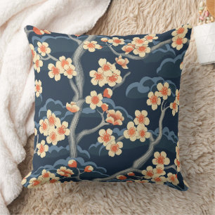 Crème Koraal Sakura Marineblauw Bloempatroon Kussen