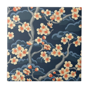 Crème Koraal Sakura Marineblauw Bloempatroon Tegeltje