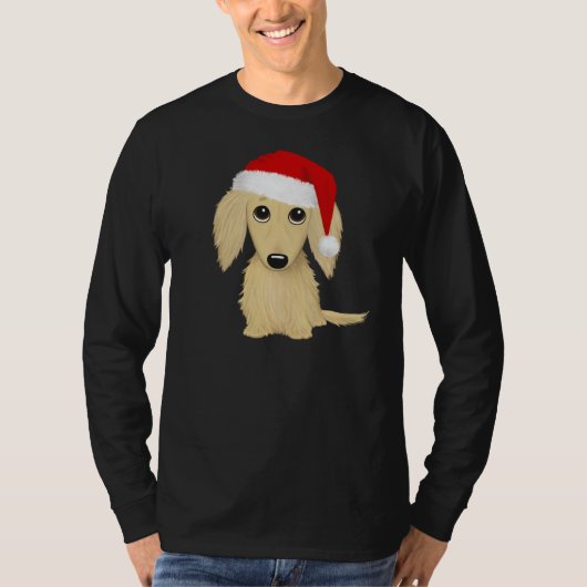 Crème langharige teckel Santa Hond Kerstmis T-shirt (Voorkant)