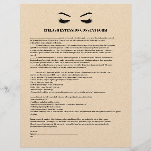 Crème leder EYELASH EXTENSION CONSENT FORM Flyer (Voorkant)