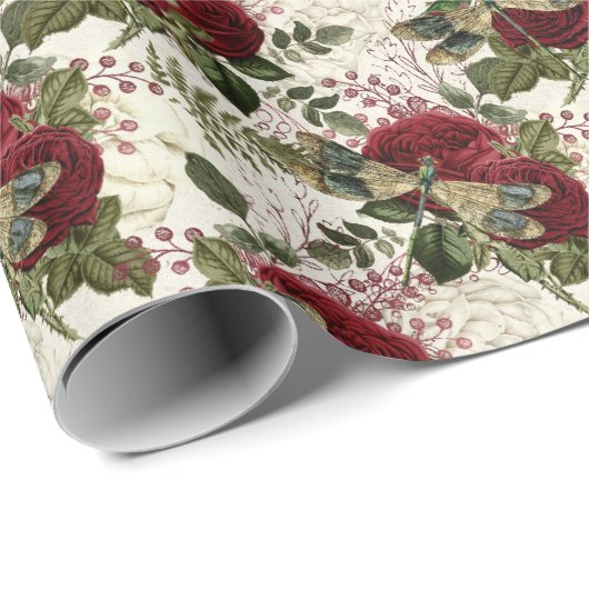 Crème Libellen en Rozen Cadeaupapier (Rol Hoek)