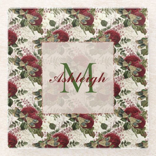 Crème Libellen en Rozen Monogram Glazen Onderzetter (Voorkant)