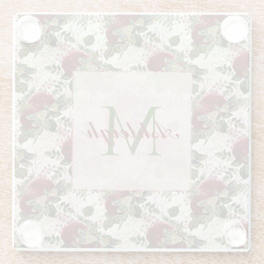 Crème Libellen en Rozen Monogram Glazen Onderzetter (Achterkant)