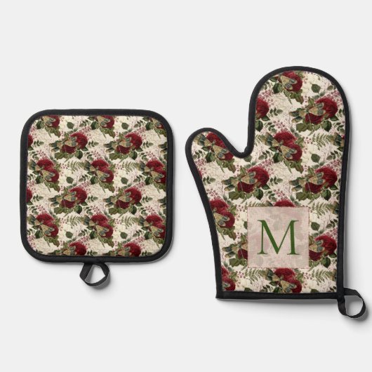 Crème Libellen en Rozen Monogram Ovenwant & Pannenlap Set (Voorkant)