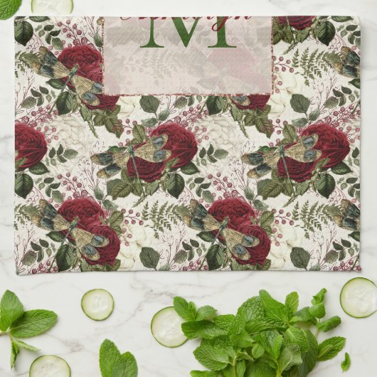 Crème Libellen en Rozen Monogram Theedoek (Gevouwen)