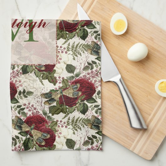 Crème Libellen en Rozen Monogram Theedoek (Quarter Fold)