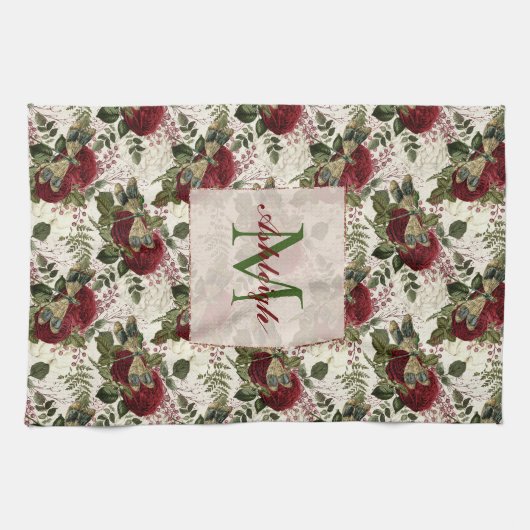 Crème Libellen en Rozen Monogram Theedoek (Horizontaal)