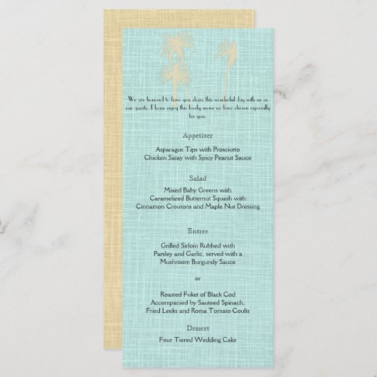 Crème Linnen Blauwe Palm Bomen Bruiloft Menu (Voorkant / Achterkant)