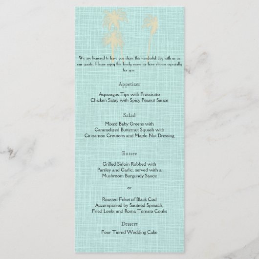 Crème Linnen Blauwe Palm Bomen Bruiloft Menu (Voorkant)