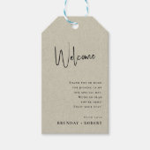 Crème linnen Simple Script Welkom Trouwcadeautag Cadeaulabel (Voorkant)
