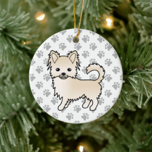 Crème Long Coat Chihuahua Cartoon Hond & Pootafdru Keramisch Ornament