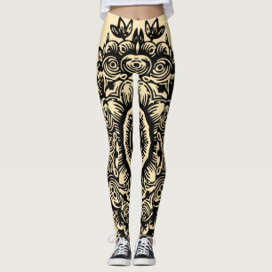 Crème Maïs met Zwart Damask Patroon Athletic Leggings