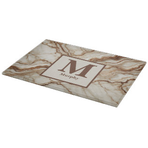 Crème Marmer & Bruine Vene Monogram Snijplank