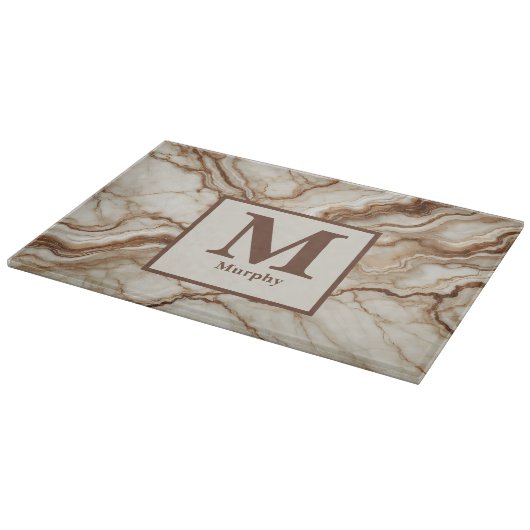 Crème Marmer & Bruine Vene Monogram Snijplank (Hoek)