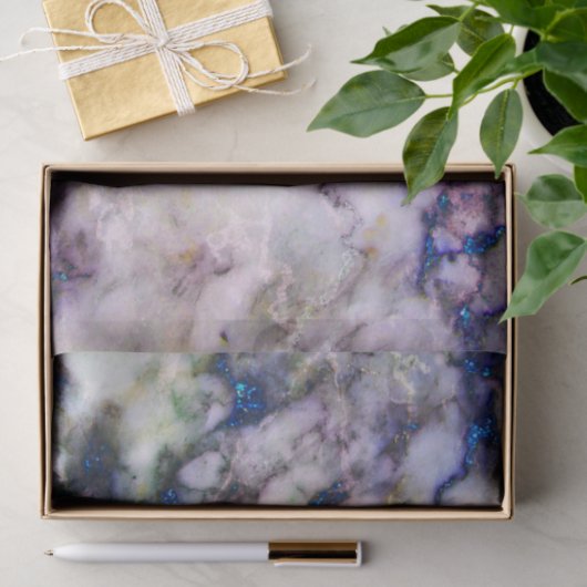 Crème marmeren steen en blauwe glitter tissuepapier (Geschenk)