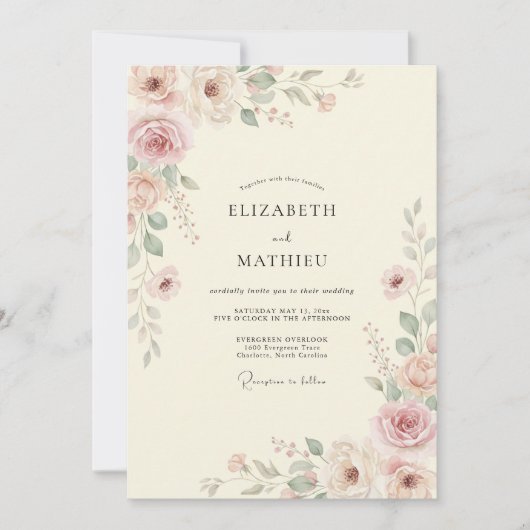Crème Mauve Geschilderde Blad Bruiloft Kaart (Voorkant)