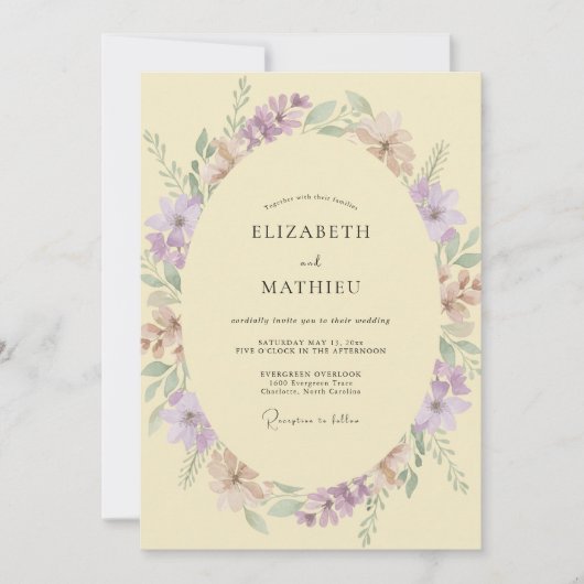 Crème Mauve Wilde Bloemen Bruiloft Kaart (Voorkant)