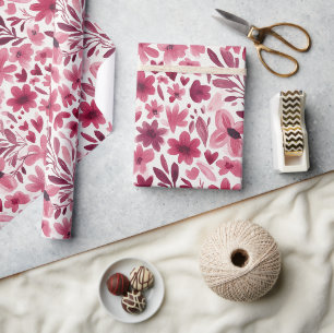 Crème Meisjesachtig Roze Rode Bloemen Harten Verja Cadeaupapier