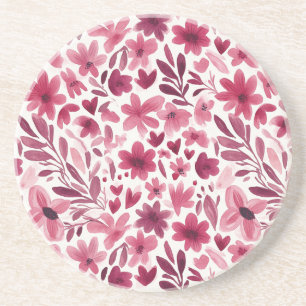 Crème Meisjesachtig Roze Rode Bloemen Harten   Zandsteen Onderzetter