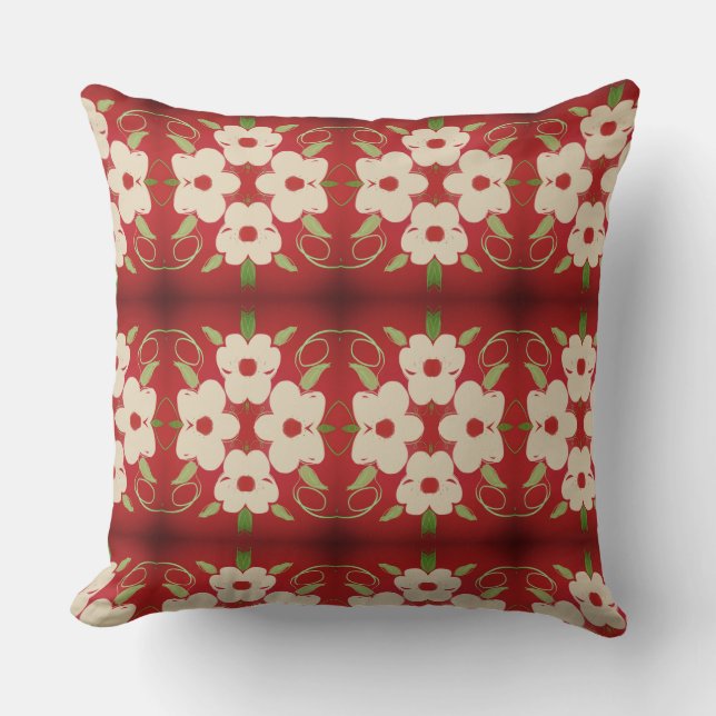 Crème met Cranberry Red Floral Kussen (Voorkant)