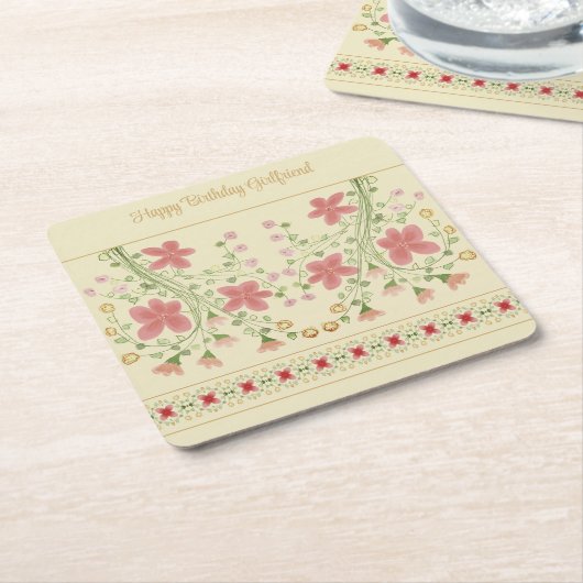 crème met roze Floral Kartonnen Onderzetters (Schuin)