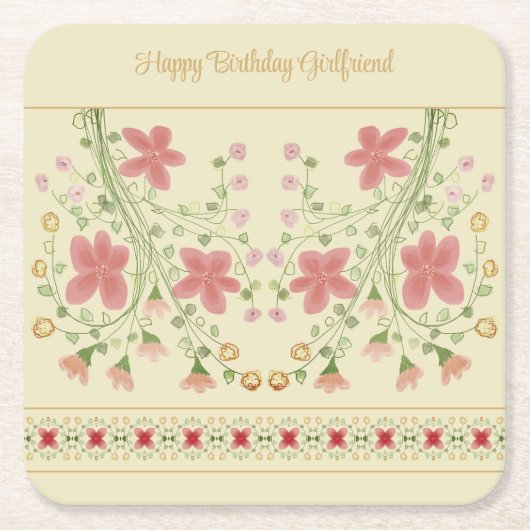 crème met roze Floral Kartonnen Onderzetters (Voorkant)