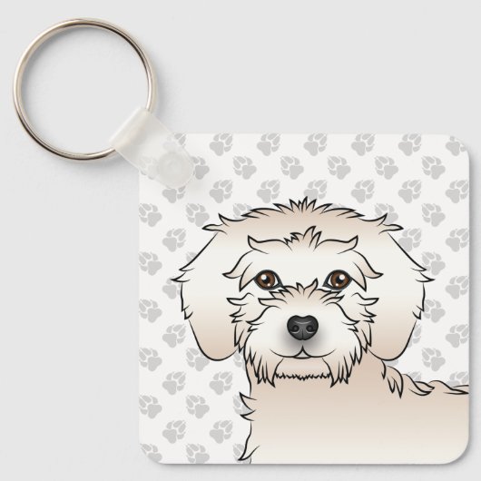 Crème Mini Goldendoodle Cartoon Hond & Naam Sleutelhanger (Voorkant)