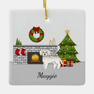 Crème Mini Goldendoodle - Feestelijke Kerst Kamer Keramisch Ornament