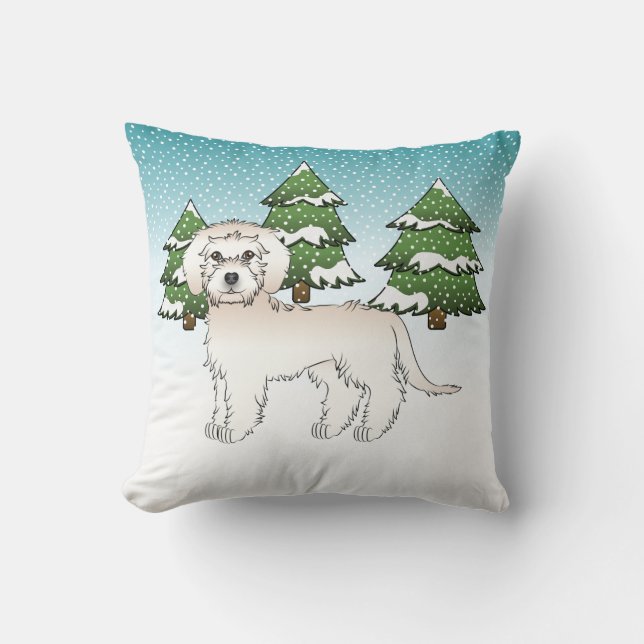 Crème Mini Goldendoodle-hond in een winterbos Kussen (Voorkant)