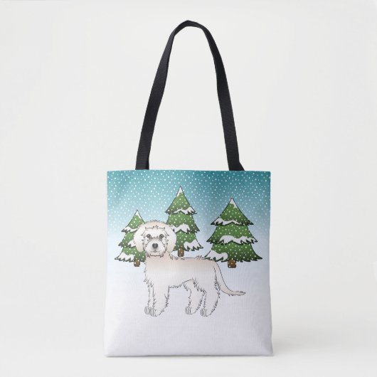 Crème Mini Goldendoodle Hond In Een Winterbos Tote Bag (Voorkant)