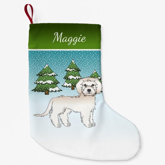 Crème Mini Goldendoodle - Winterbos & Naam Kleine Kerstsok (Voorkant)