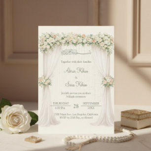 Crème Minimaal Bloemendesign Moslim Nikkah Islamit Kaart