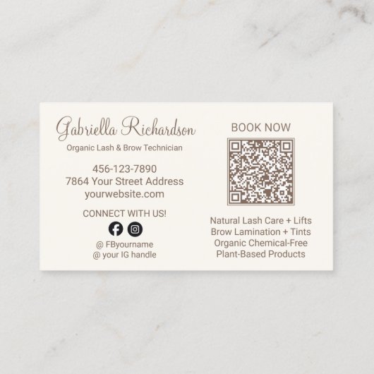 Crème Mocha Script Foto QR Code Wimpers en Wenkbra Visitekaartje (Achterkant)
