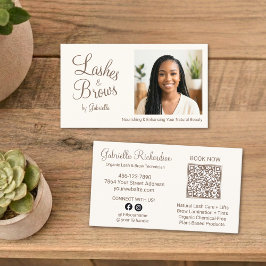 Crème Mocha Script Foto QR Code Wimpers en Wenkbra Visitekaartje