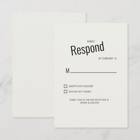Crème Modern Zwart Tekst Trouw RSVP Kaartje (Voorkant / Achterkant)