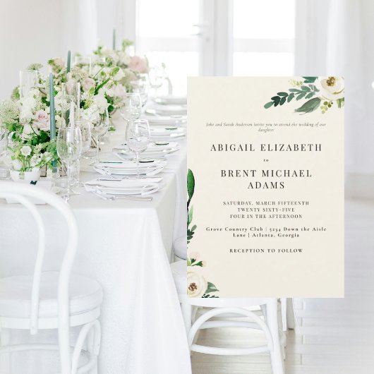 Crème Moderne Witte Bloemen Bruid Ouders Trouwen Kaart