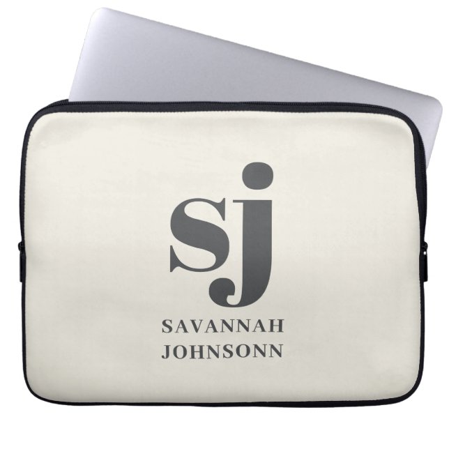 Crème monogram initiaal  laptop sleeve (Voorkant)