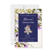 Crème & Navy Floral Cake Verjaardagsuitnodiging