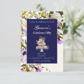 Crème & Navy Floral Cake Verjaardagsuitnodiging Kaart (Staand voorkant)