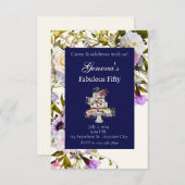 Crème & Navy Floral Cake Verjaardagsuitnodiging Kaart (Voorkant / Achterkant)