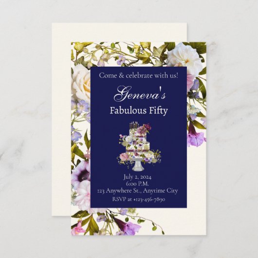 Crème & Navy Floral Cake Verjaardagsuitnodiging Kaart (Voorkant / Achterkant)
