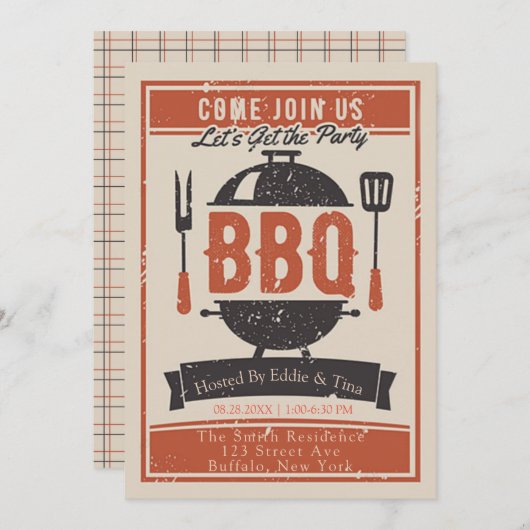 Crème Navy Oranje BBQ Feest Kaart (Voorkant / Achterkant)