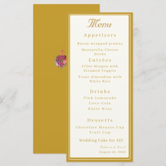 Crème & Oker Twee Harten Katholieke Bruiloft Menu (Voorkant / Achterkant)
