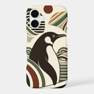 Crème Olijfgroen Maroon Pinguïn Golven in Art Deco