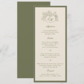 Crème Olijfgroene Monogram Huwelijksmenu Kaart (Voorkant / Achterkant)