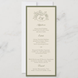 Crème Olijfgroene Monogram Huwelijksmenu Kaart